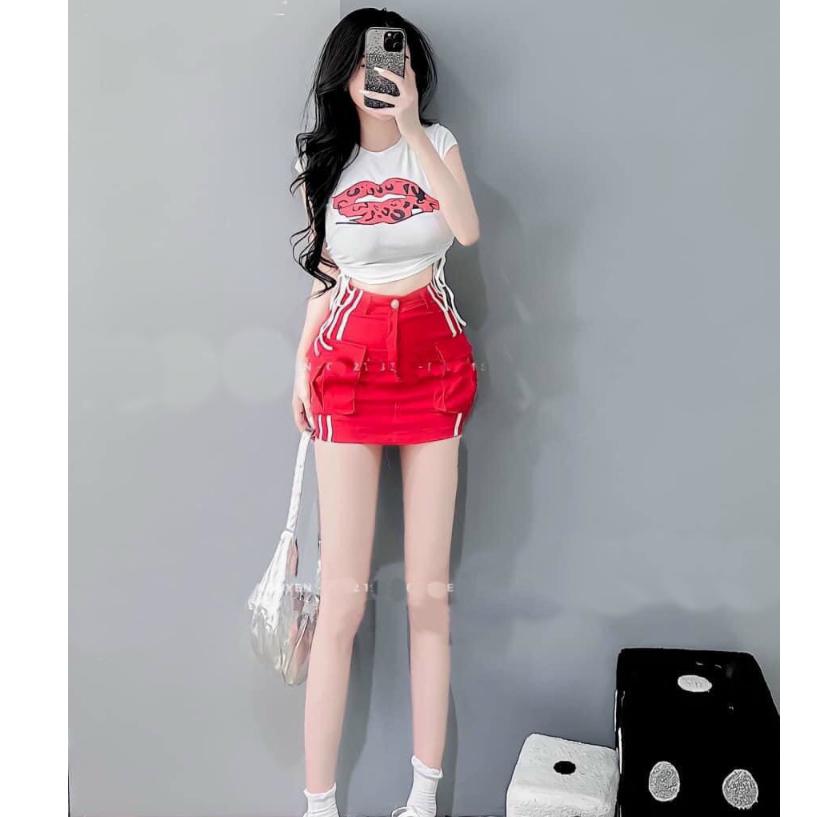 [CRTYK948]ÁO CROPTOP KIỂU LỬNG NỮ CỔ TRÒN NGẮN TAY IN ĐÔI MÔI MÀU TRẮNG PHỐI DÂY RÚT HÔNG SIÊU HOT