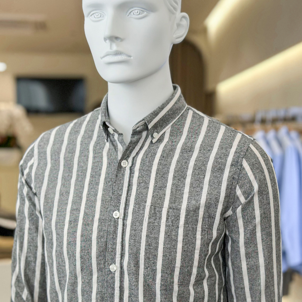 Áo Sơ Mi Nam Cao Cấp Phối Sọc Dark Grey Stripes White Shirt BY COTTON