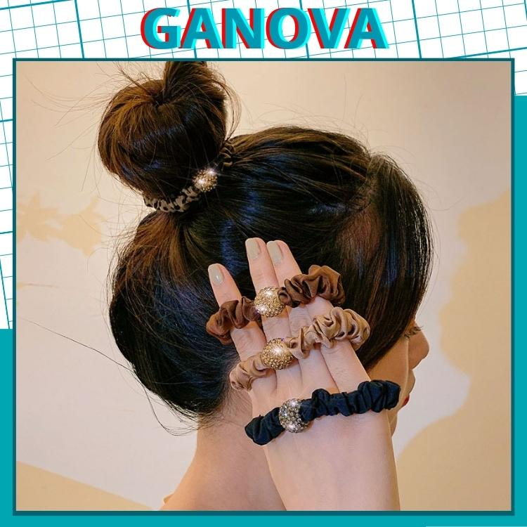 Dây buộc tóc scrunchies - Cột tóc vải Hàn Quốc nhung đính đá lấp lánh thanh lịch chống tuột Ganova D29