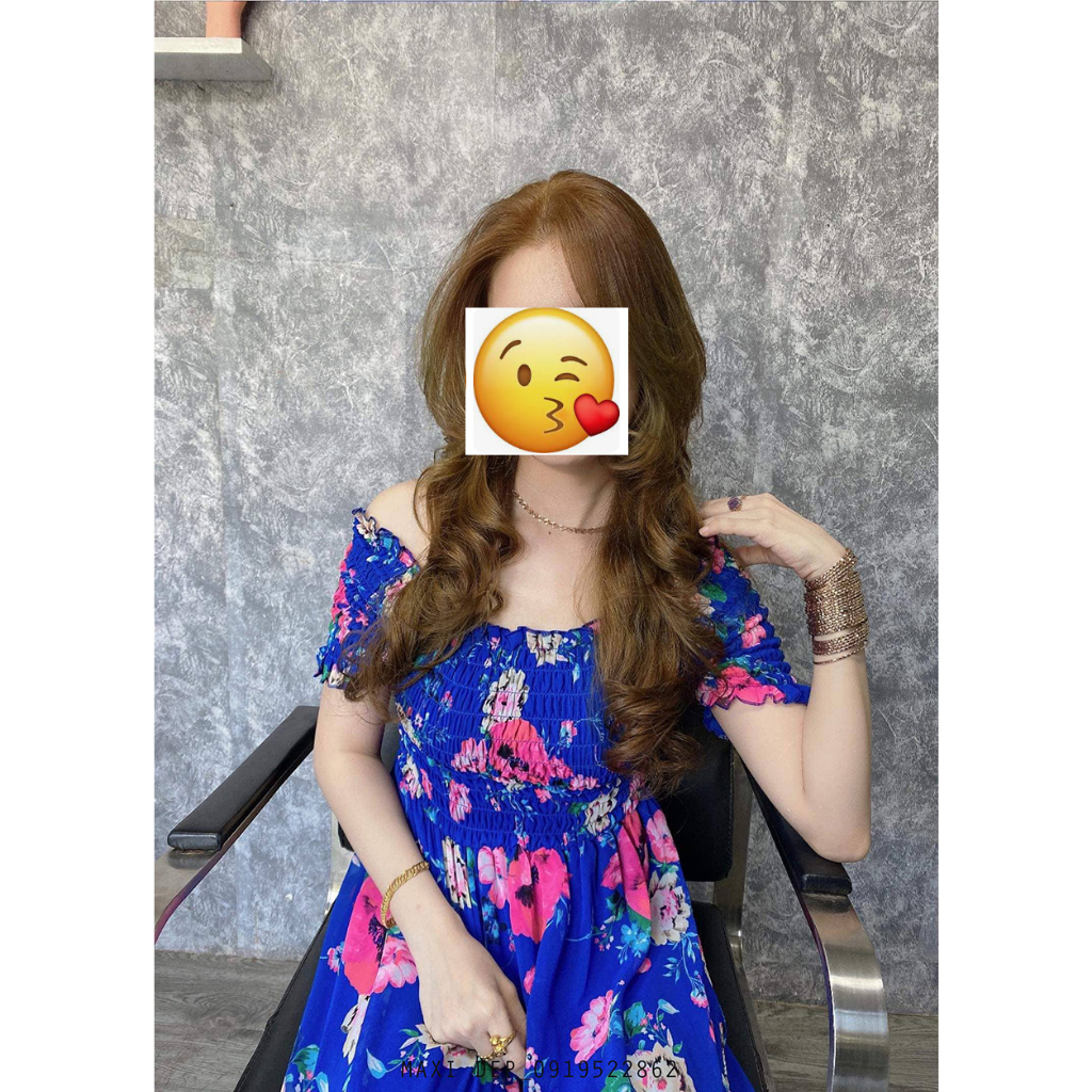 Đầm Trễ Vai Maxi Đẹp Hoa Hồng Nền Xanh Bích Freesize Tôn dáng cho Nàng Dưới 55kg