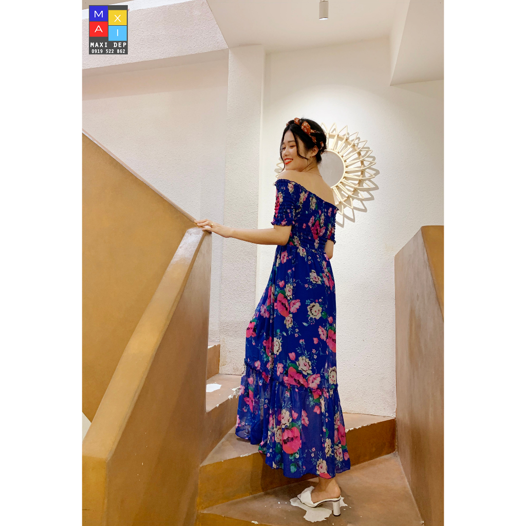 Đầm Trễ Vai Maxi Đẹp Hoa Hồng Nền Xanh Bích Freesize Tôn dáng cho Nàng Dưới 55kg