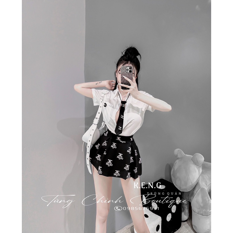Set váy học sinh kèm cà cạt chân váy hoạ tiết trẻ trung
