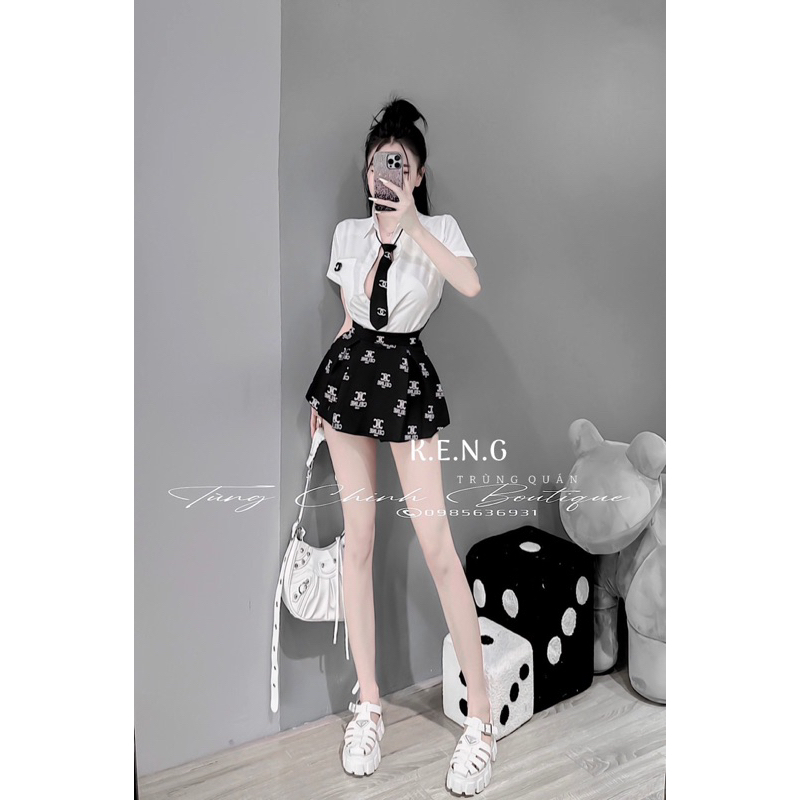 Set váy học sinh kèm cà cạt chân váy hoạ tiết trẻ trung