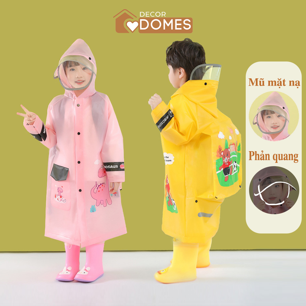 Áo mưa cho bé DOMES có mũ mặt nạ thiết kế chỗ đeo cặp sách chất liệu EVA nhẹ, chống thấm siêu bền an toàn cho bé
