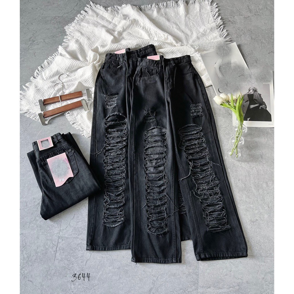 QUẦN JEANS CHẤT BÒ ỐNG SUÔNG RỘNG RÁCH LOANG 2 MÀU ĐEN CẠP CAO DÀI CHÂN SIÊU TÔN DÁNG HOT TREND