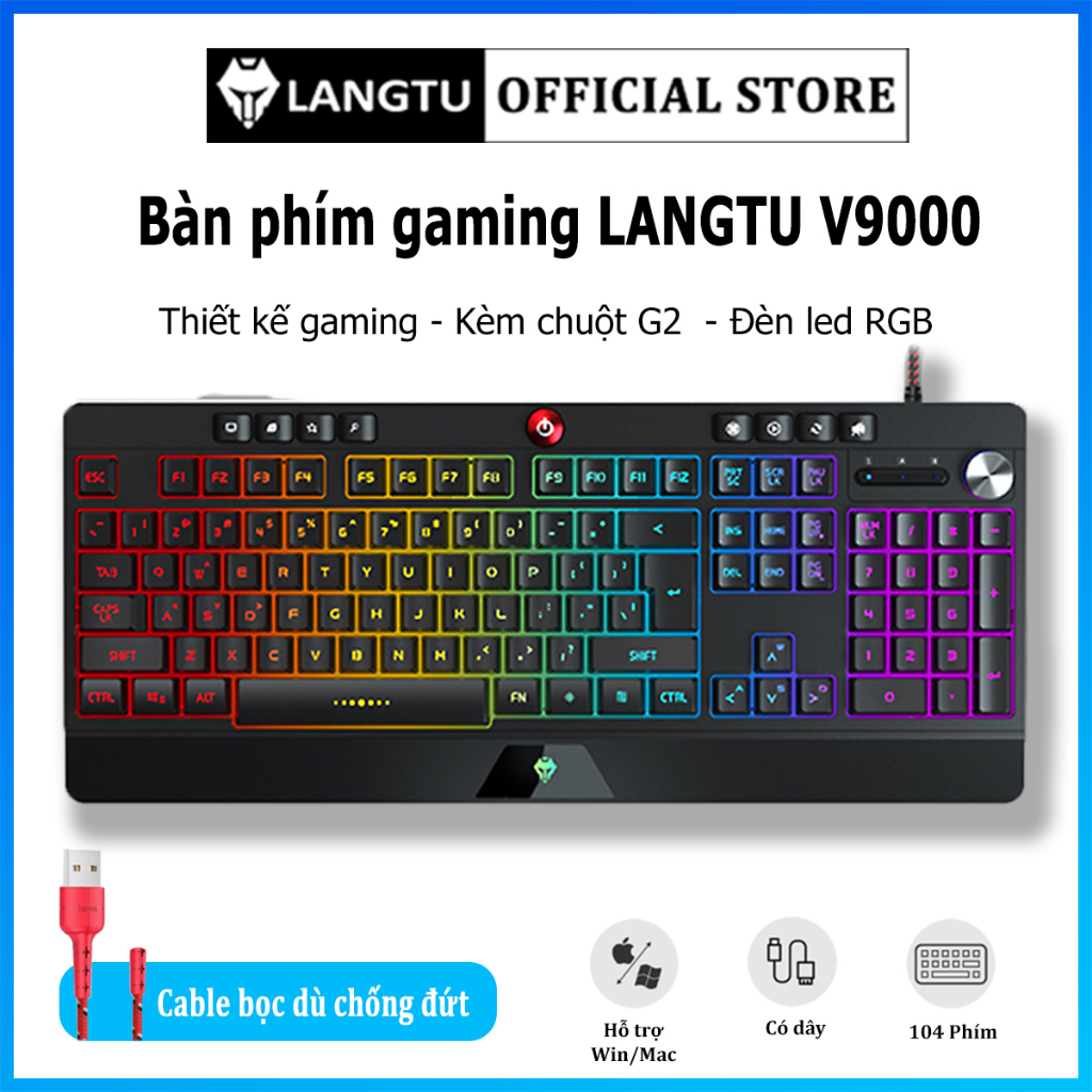 Bàn Phím Giả Cơ Gaming Kèm Chuột V9000 LANGTU Phụ Kiện Máy Tính Laptop Có Dây Đèn Led LT09