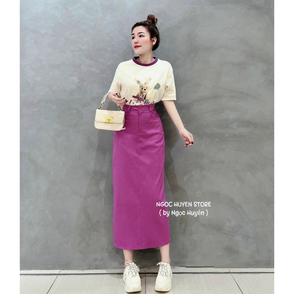 Sét áo Zip in hình dễ thương mix chân váy suông dáng dài màu tím_sét váy nữ điệu đà trẻ trung sang chảnh