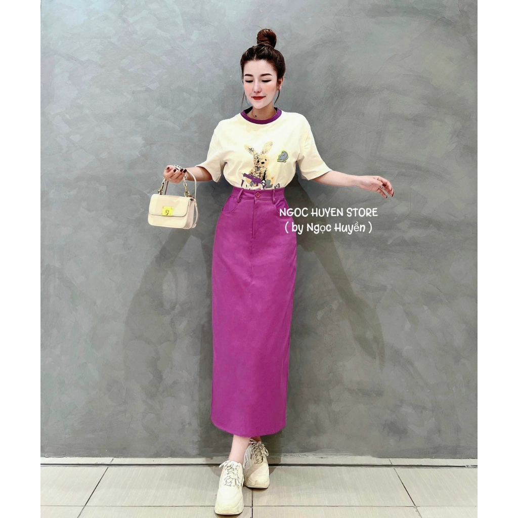 Sét áo Zip in hình dễ thương mix chân váy suông dáng dài màu tím_sét váy nữ điệu đà trẻ trung sang chảnh