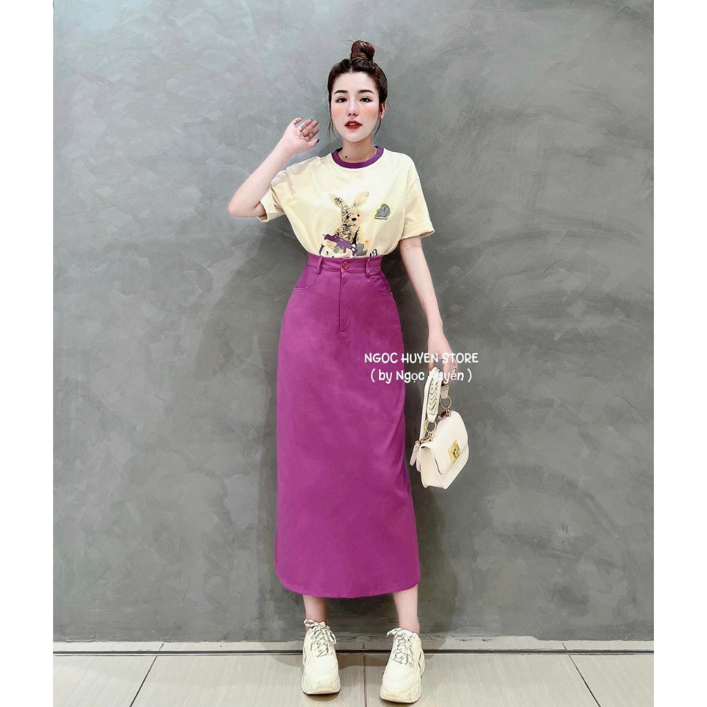 Sét áo Zip in hình dễ thương mix chân váy suông dáng dài màu tím_sét váy nữ điệu đà trẻ trung sang chảnh