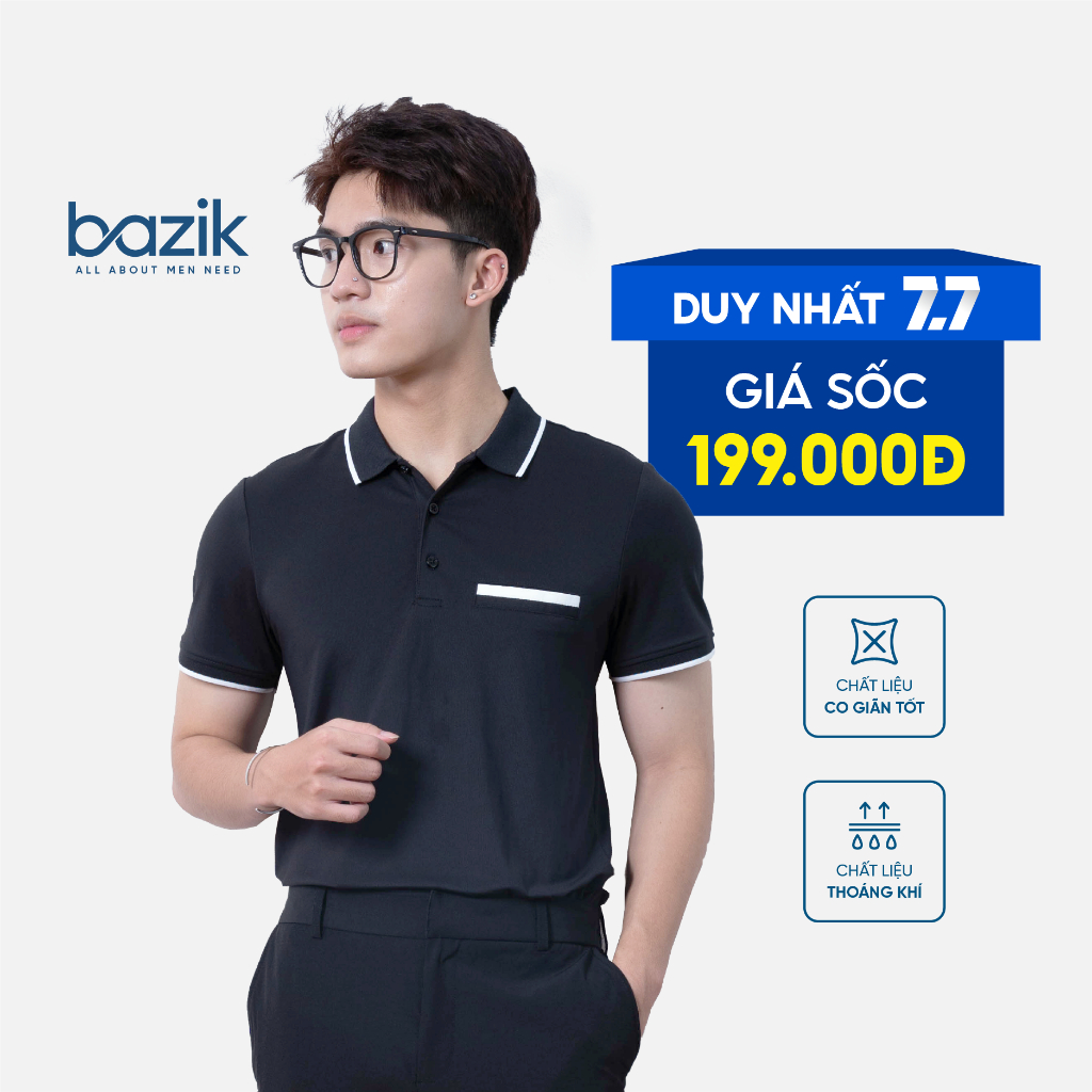 Áo Polo Nam CoolAir phối cổ màu đen dệt viền chuẩn form tay ngắn, nam tính, thanh lịch, sang trọng - BAZIK