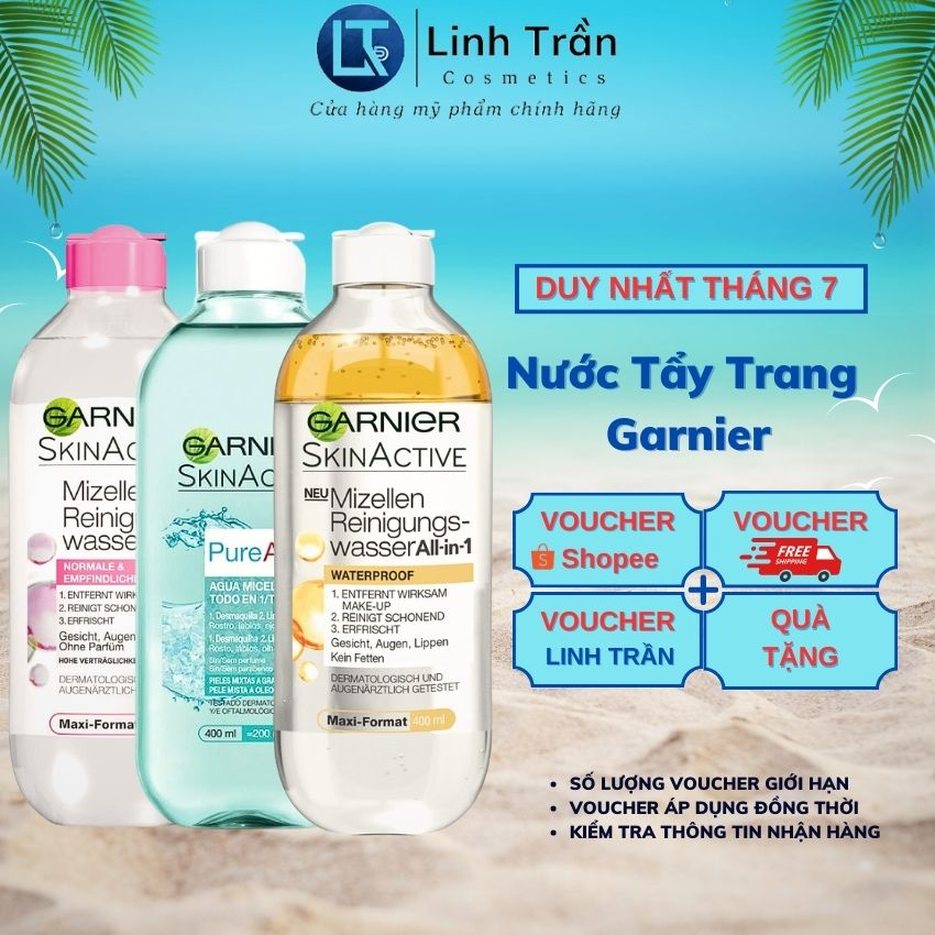 Nước tẩy trang garnier, 3 màu vàng xanh hồng cho da dầu mụn da khô và da nhạy cảm chính hãng