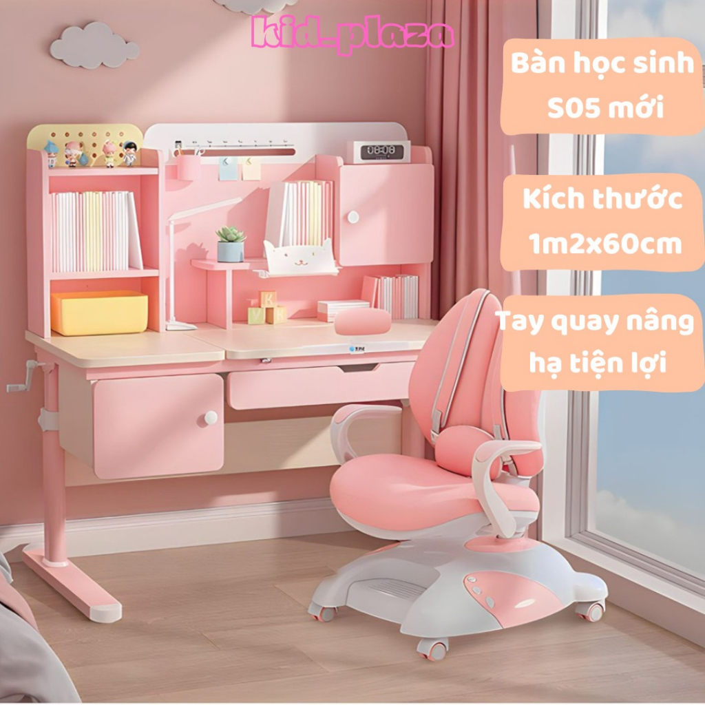 Bàn học sinh chống gù chống cận A05 cao cấp , bàn học thông minh liền giá sách thuận tiện sắp xếp