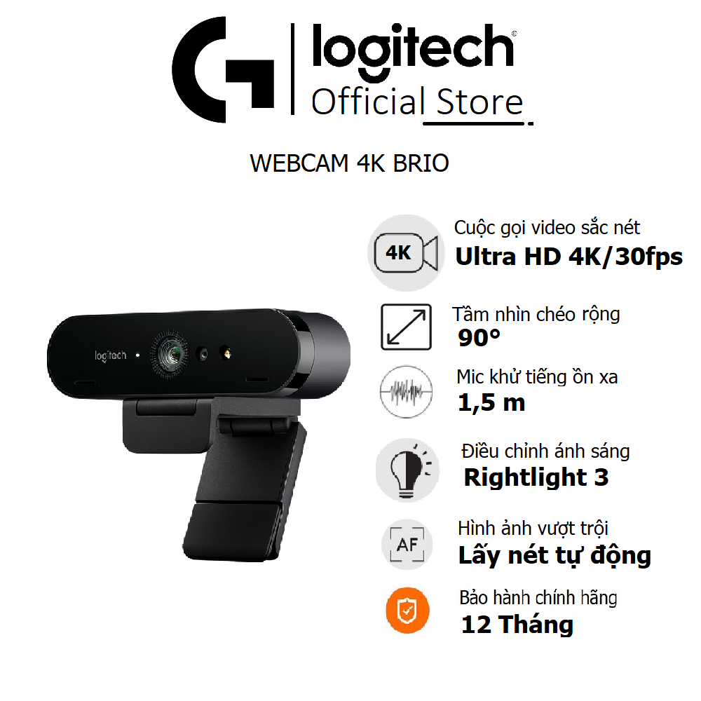 Webcam Logitech BRIO 4K Ultra HD - Tự động lấy nét với HDR và mic khử tiếng ồn - Bảo hành 12 tháng