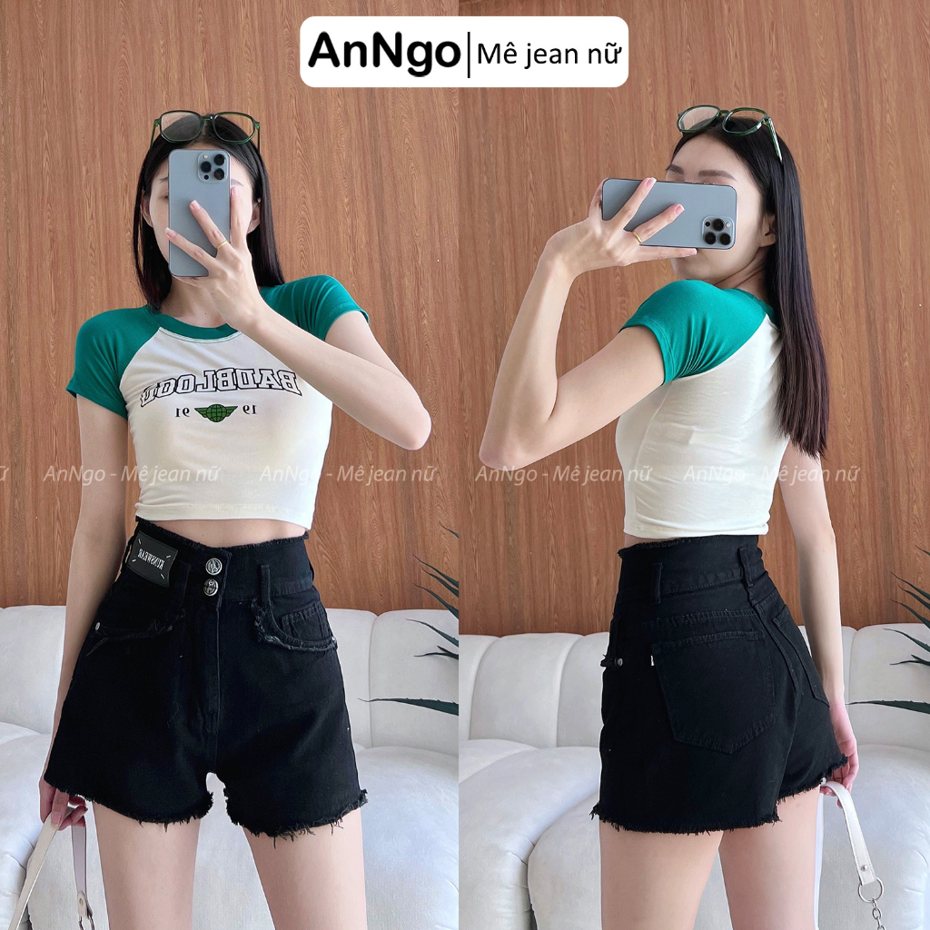 Quần short jean nữ đen rách tua rua cách điệu trẻ trung hợp thời trang Anngo - AT302