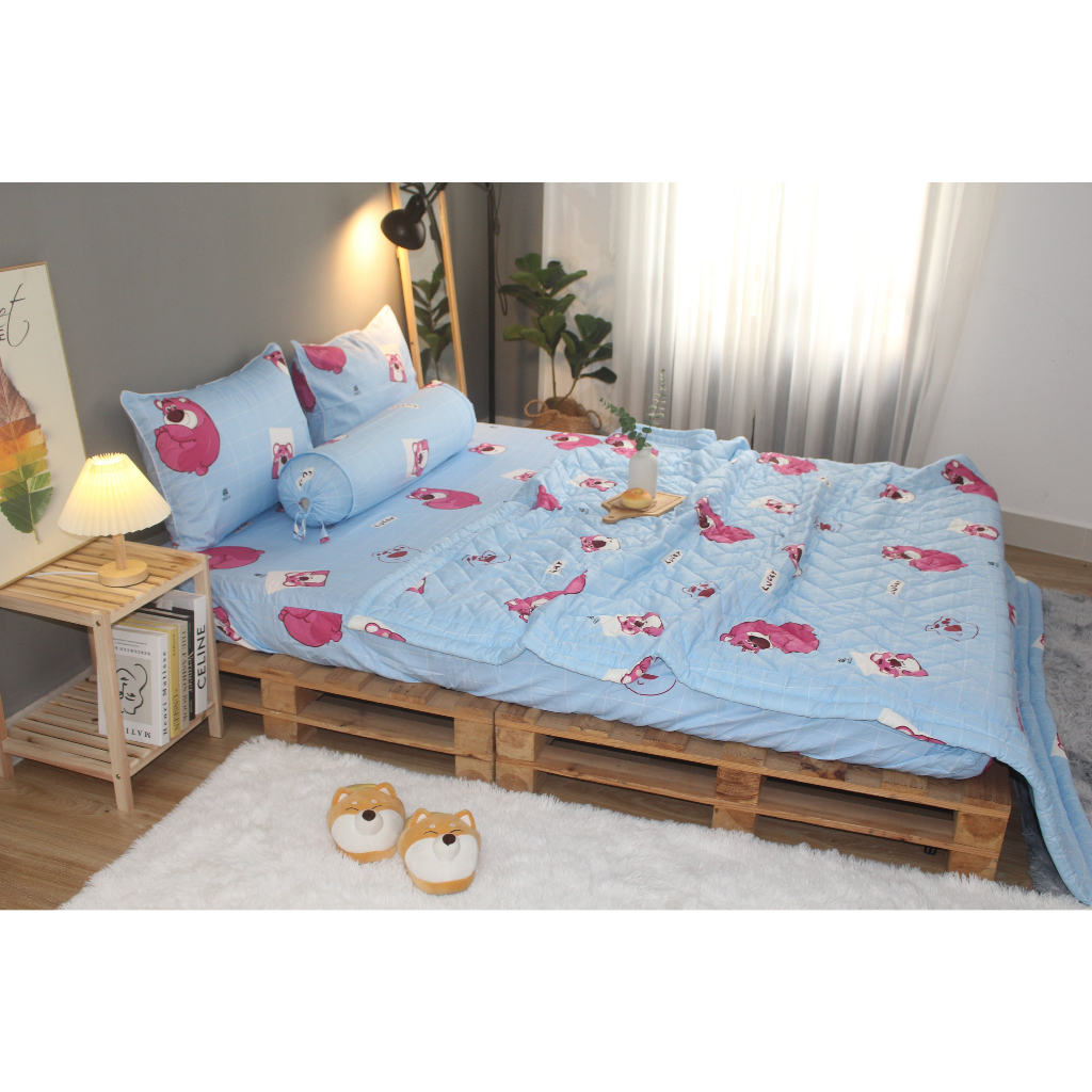 Bộ drap gối KHA LY - cotton thiên nhiên - Lotso Xanh - VN333