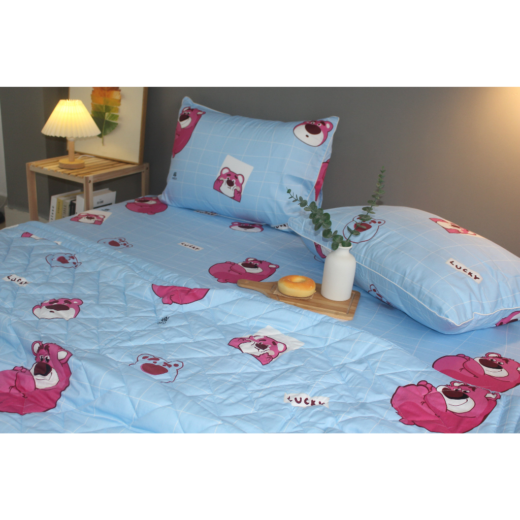 Bộ drap gối KHA LY - cotton thiên nhiên - Lotso Xanh - VN333