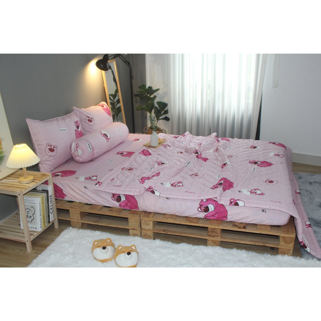 Bộ drap gối KHA LY - cotton thiên nhiên - Lotso Hồng - VN334