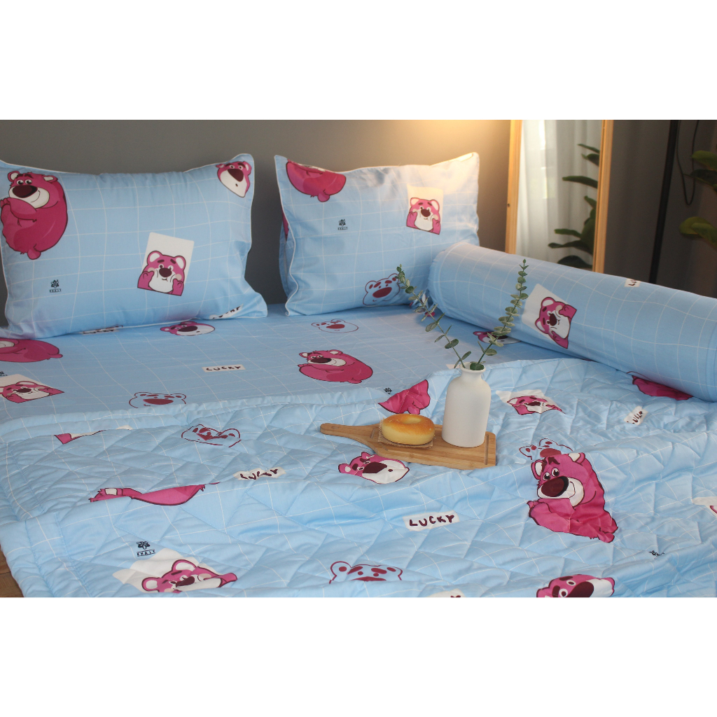 Bộ drap gối KHA LY - cotton thiên nhiên - Lotso Xanh - VN333