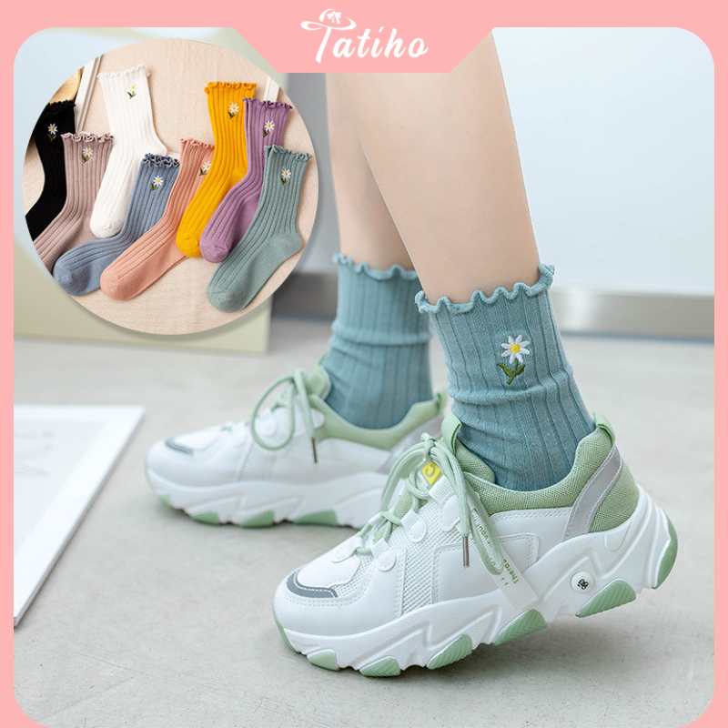 Vớ tất cổ cao chất cotton phong cách unisex họa tiết hoa cúc phối bèo nhún, Vớ trơn nhiều màu thời trang Hàn - Mã TVC48