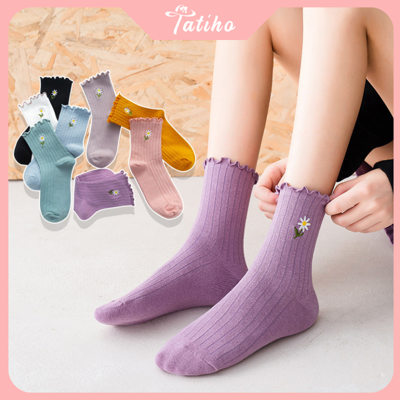 Vớ tất cổ cao chất cotton phong cách unisex họa tiết hoa cúc phối bèo nhún, Vớ trơn nhiều màu thời trang Hàn - Mã TVC48