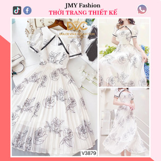 V3879 Váy trắng họa tiết hoa đen tiểu thư [Dolce Viva Colection (DVC)] váy dự tiệc đuôi cá thiết kế sang chảnh