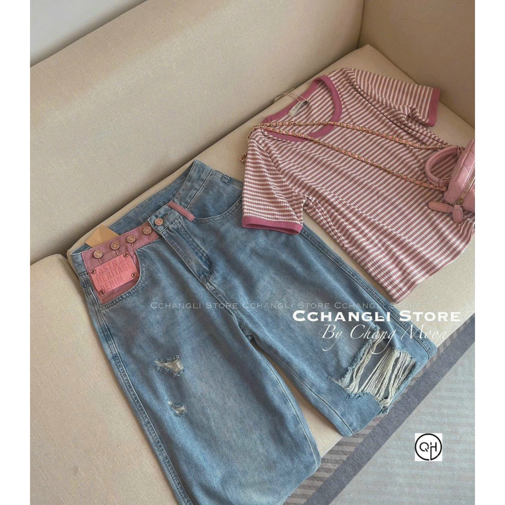 Quần bò jeans dáng bagy 9 tấc cạp hồng