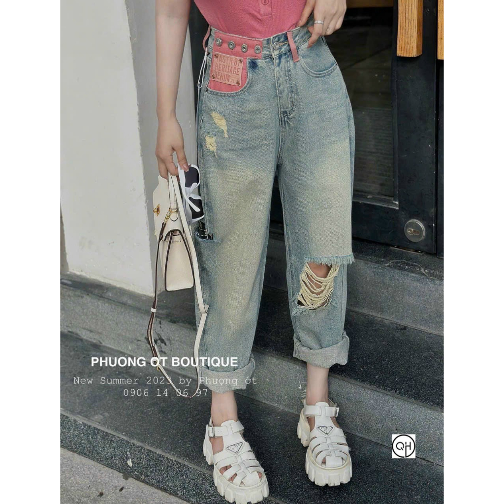 Quần bò jeans dáng bagy 9 tấc cạp hồng
