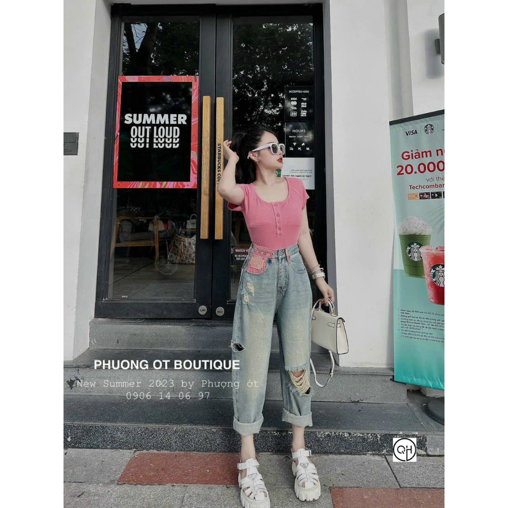 Quần bò jeans dáng bagy 9 tấc cạp hồng