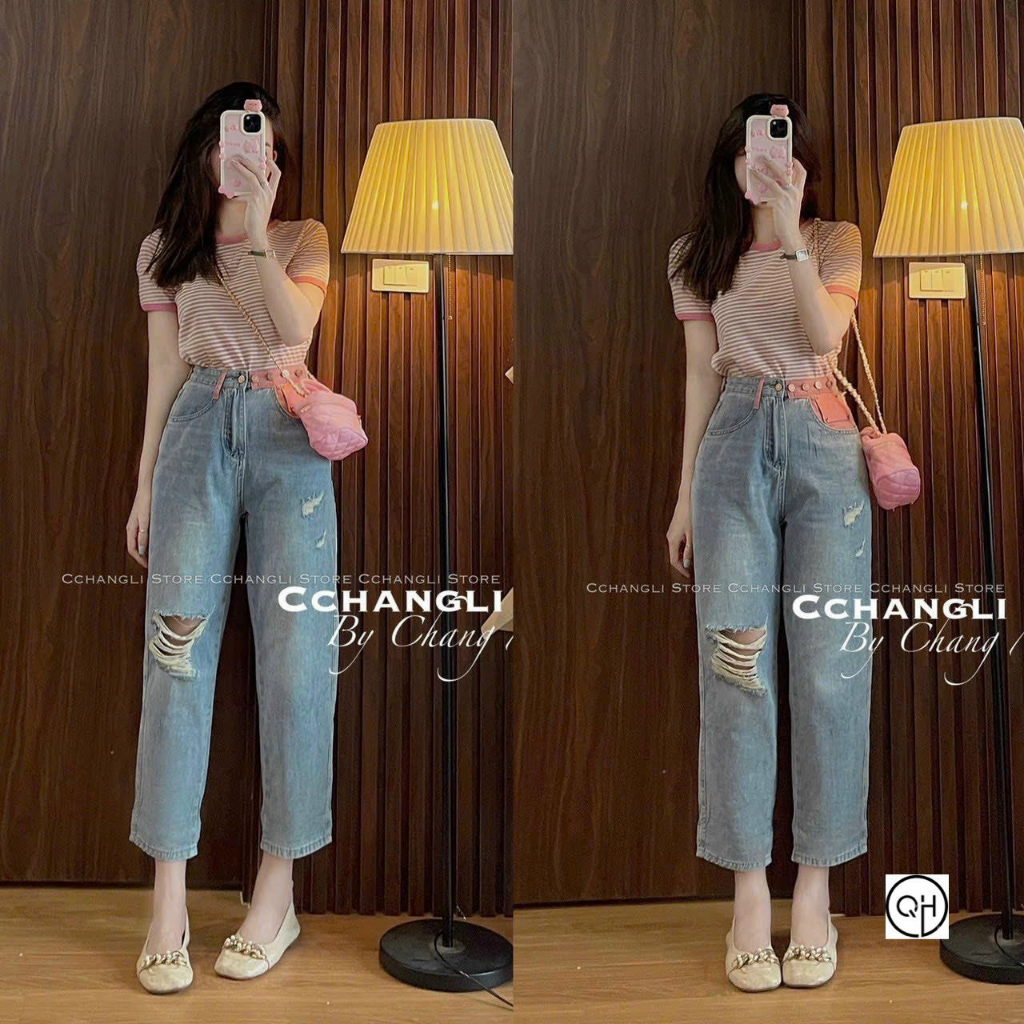 Quần bò jeans dáng bagy 9 tấc cạp hồng