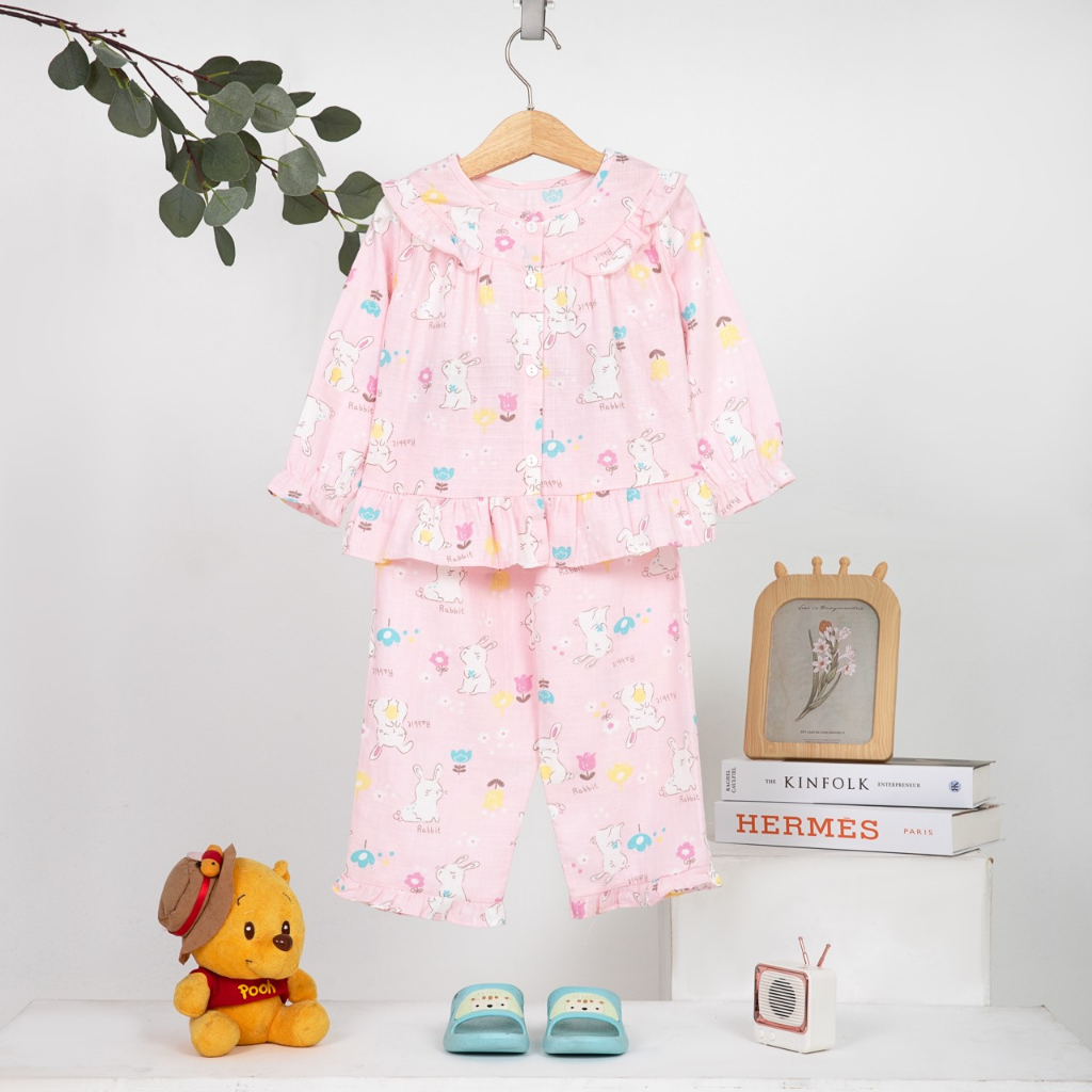 Pijama cho bé gái dài tay mặc ngủ điều hòa babydoll Áo Lá Homewear A050, đồ ngủ trẻ em vải xô đũi cotton