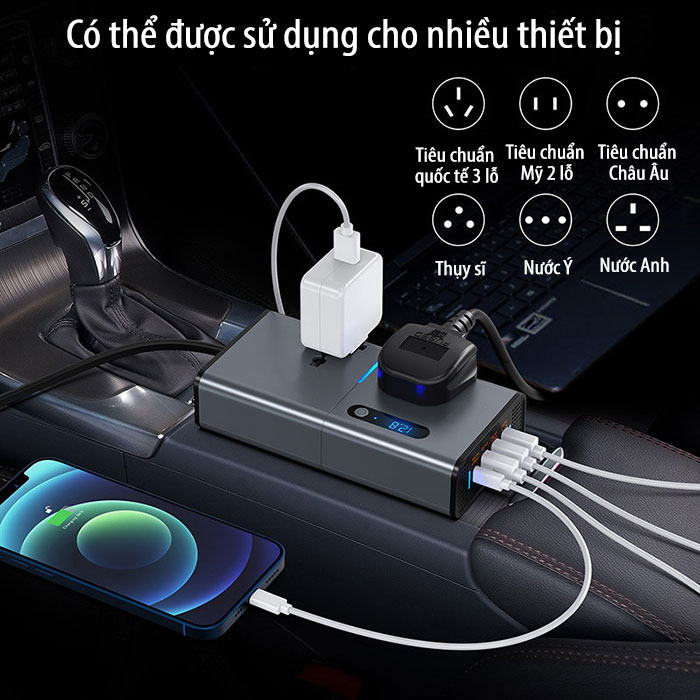 Bộ Chuyển Đổi Nguồn oto 200W- IVERTER 2V/24V – 220V (3USB, TYPE C, 2 AC) CI02 Cao Cấp Dành Cho ÔTô giao hành nhanh