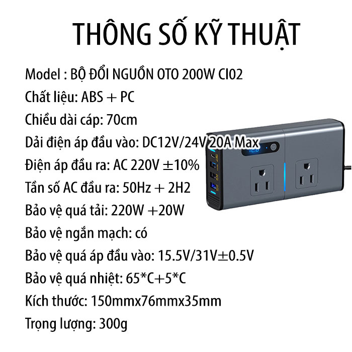 Bộ Chuyển Đổi Nguồn oto 200W- IVERTER 2V/24V – 220V (3USB, TYPE C, 2 AC) CI02 Cao Cấp Dành Cho ÔTô giao hành nhanh