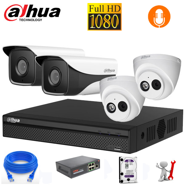 Bộ 4 Camera IP POE Dahua 2.0MP Full HD.Tích Hợp Mic Thu Âm,Đầy Đủ Phụ Kiện Lắp Đặt