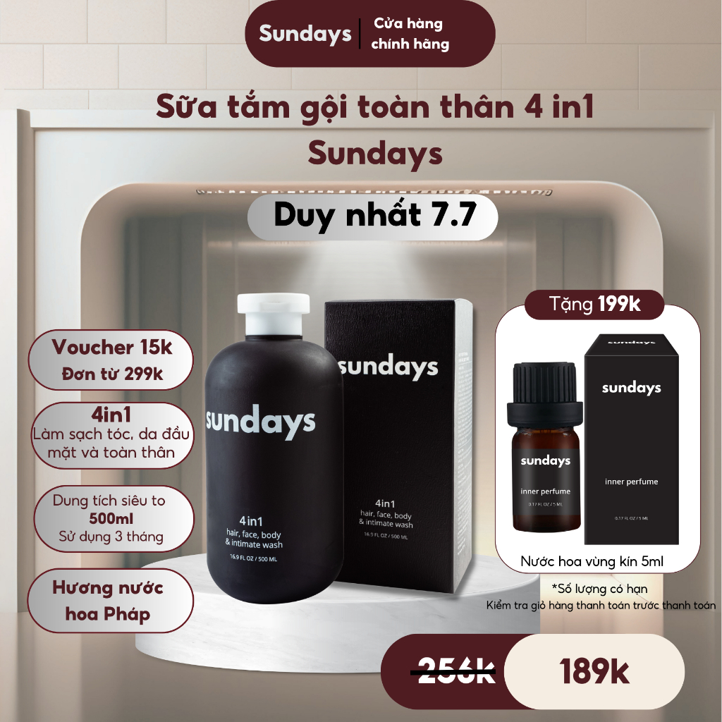 Sữa tắm gội toàn thân 4in1 cho nam hương nước hoa Pháp cao cấp Sundays 500ml