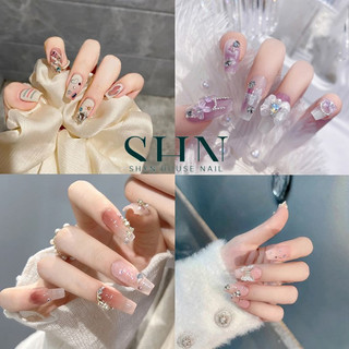 Nailbox đính đá, Móng tay giả đính đá, đính nơ kèm keo, Bộ 24 móng giả đẹp sang chảnh, Móng tay cô dâu