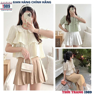 Áo sơ mi croptop, Áo sơ mi croptop cổ sen dáng lửng xếp tầng vải gân màu pastel xinh xắn -THỜI TRANG 1989