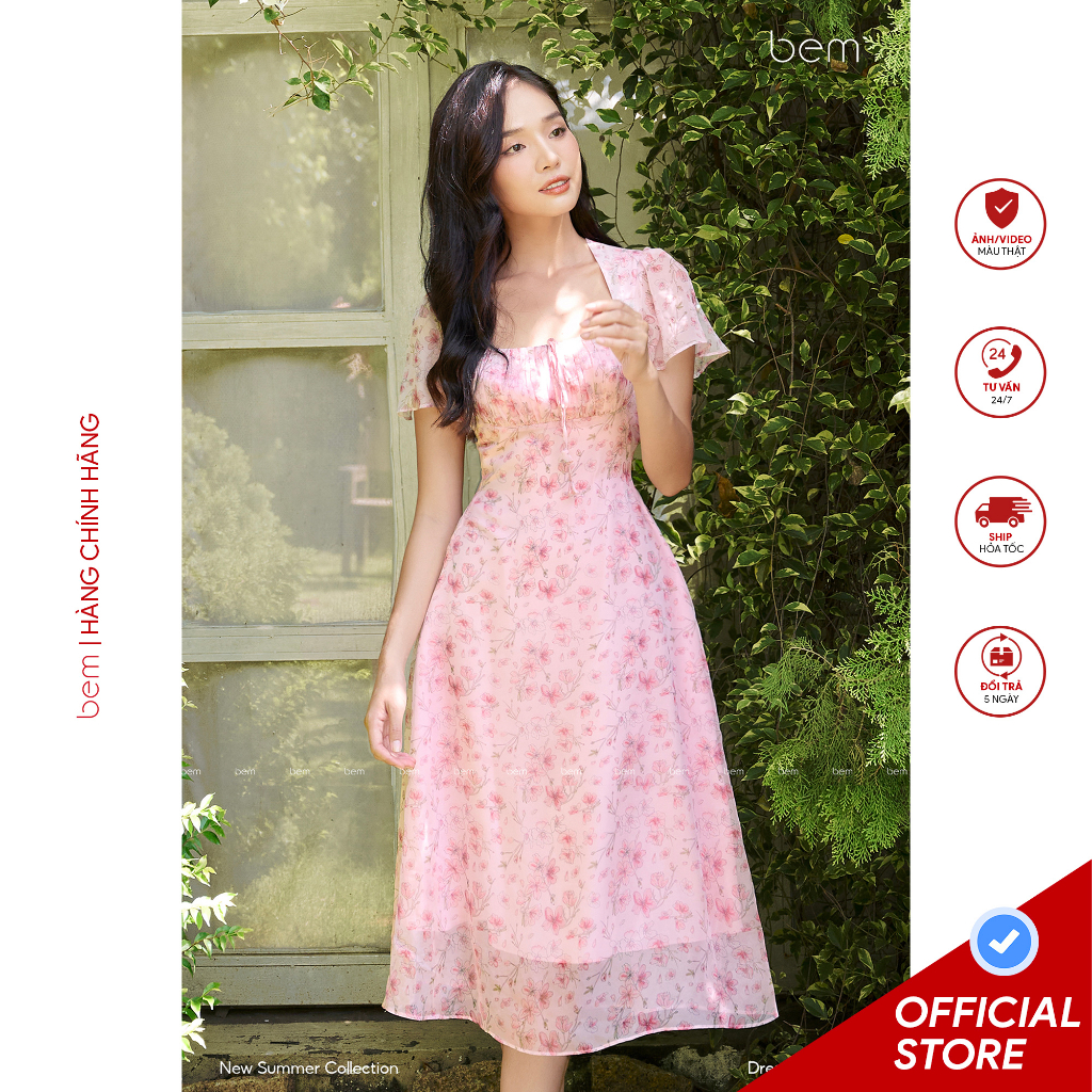 Đầm Hoa Hồng Chiffon Hàn Cổ Xếp Li Form Tôn Dáng BEM Studio (DR447)
