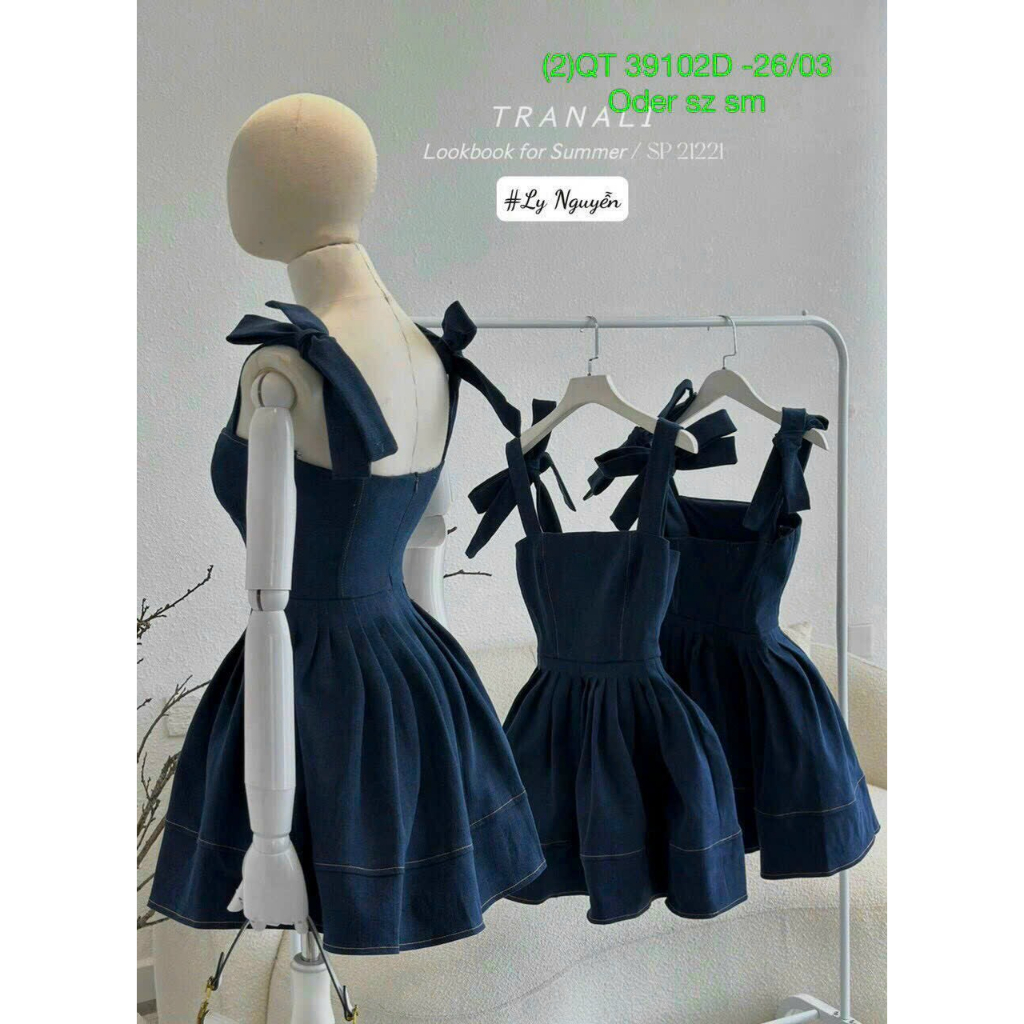 Váy jean 2 dây cột nơ vai thiết kế kiểu dáng váy mini xòe siêu dễ thương, thời trang teen cực kì sành điệu mặc đi chơi