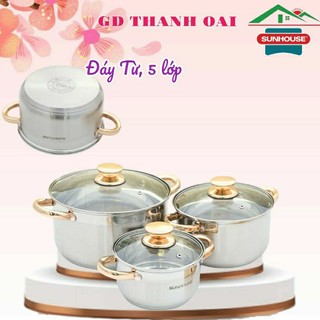 Bộ nồi inox 5 đáy sunhouse sh781 đáy nồi inox sáng bóng, bền tốt, dễ vệ sinh