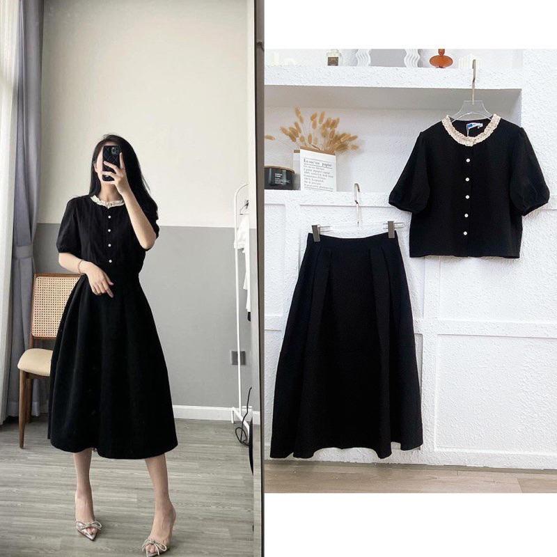 Set áo và chân váy đũi đen cổ bèo