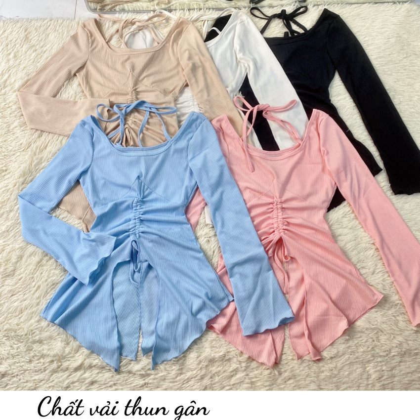 Áo thun body nữ rút eo kiểu tay loa dây chéo cổ chất thun gân- ringu shop
