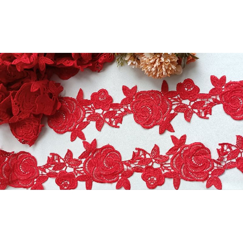 1m ren chỉ cotton hình hoa hồng màu đỏ cờ bản 8cm