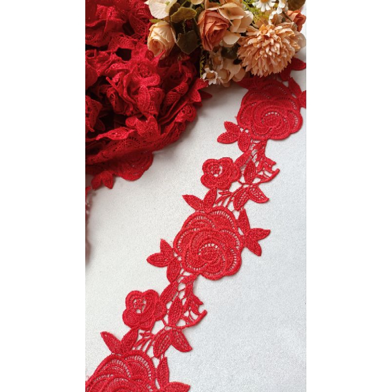 1m ren chỉ cotton hình hoa hồng màu đỏ cờ bản 8cm