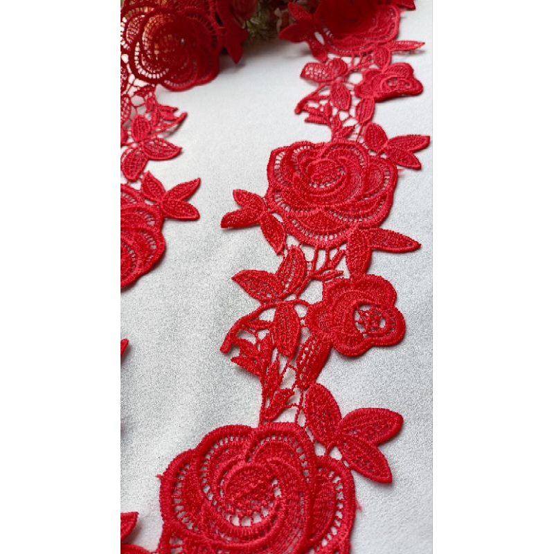 1m ren chỉ cotton hình hoa hồng màu đỏ cờ bản 8cm