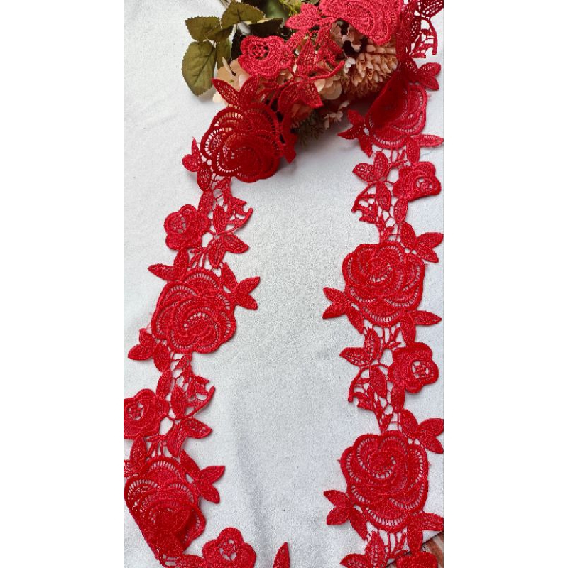 1m ren chỉ cotton hình hoa hồng màu đỏ cờ bản 8cm