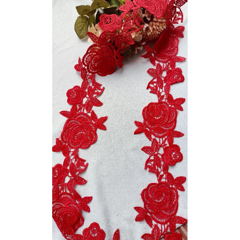 1m ren chỉ cotton hình hoa hồng màu đỏ cờ bản 8cm