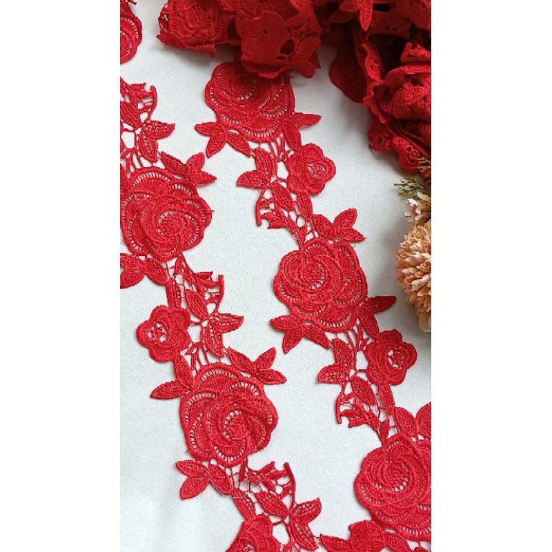 1m ren chỉ cotton hình hoa hồng màu đỏ cờ bản 8cm