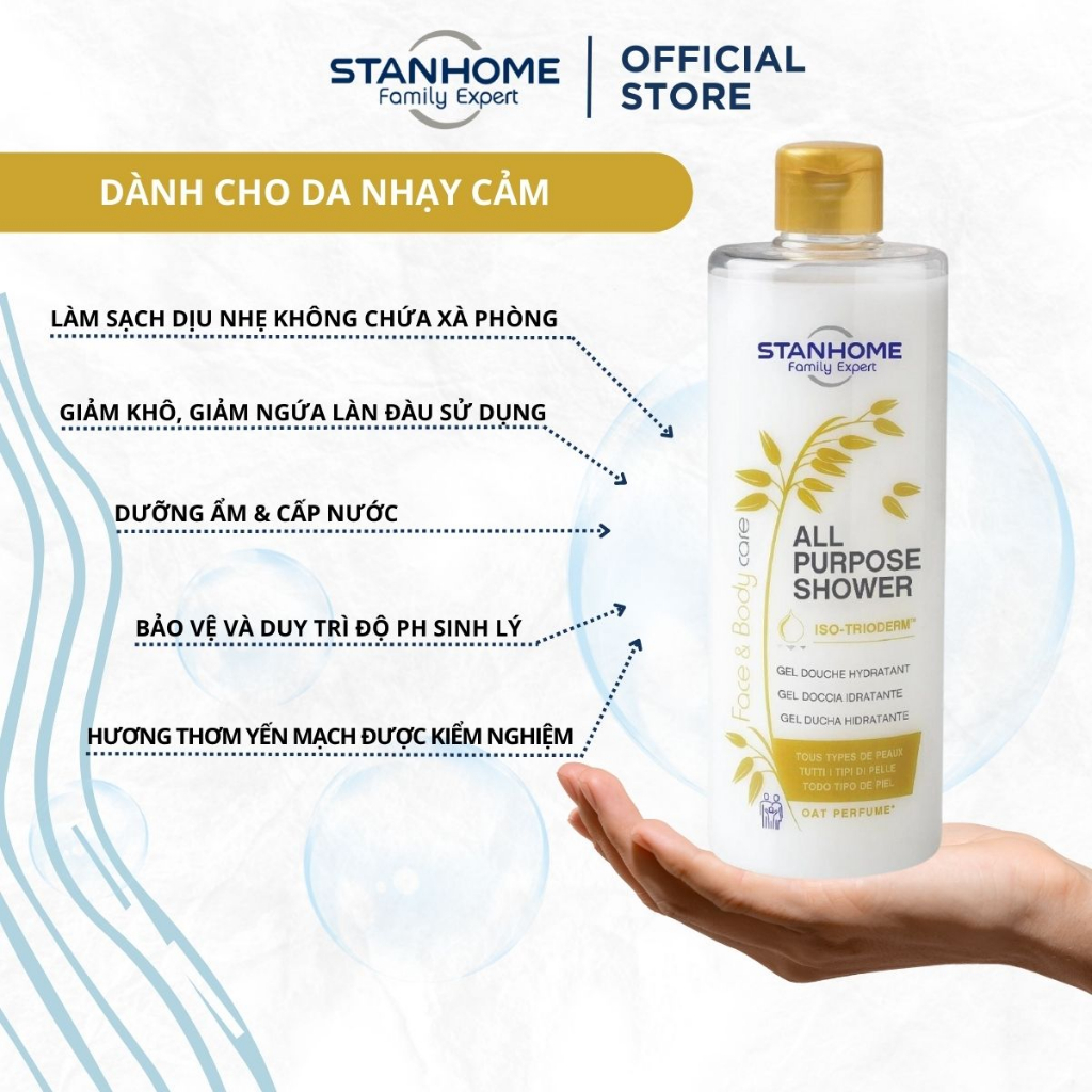 Combo 2 Sữa tắm không xà phòng hương yến mạch cho da nhạy cảm Stanhome Family Expert all purpose shower oat400ml-10.2024