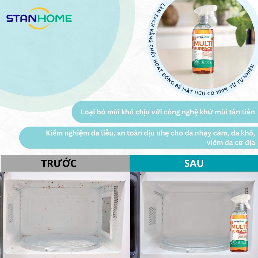 Xịt làm sạch bếp hữu cơ cho da nhạy cảm hương quýt, vải Stanhome Multi Surface Care Mandarine & Litchi 500ml- combo