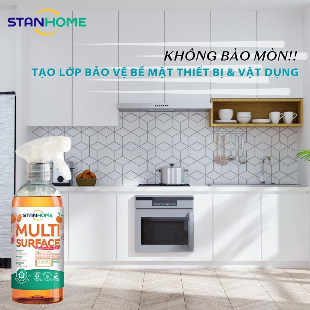 Xịt làm sạch bếp hữu cơ cho da nhạy cảm hương quýt, vải Stanhome Multi Surface Care Mandarine & Litchi 500ml- combo